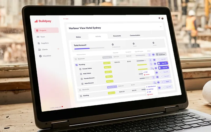 Buildpay project payments screen on a laptop at a construction site