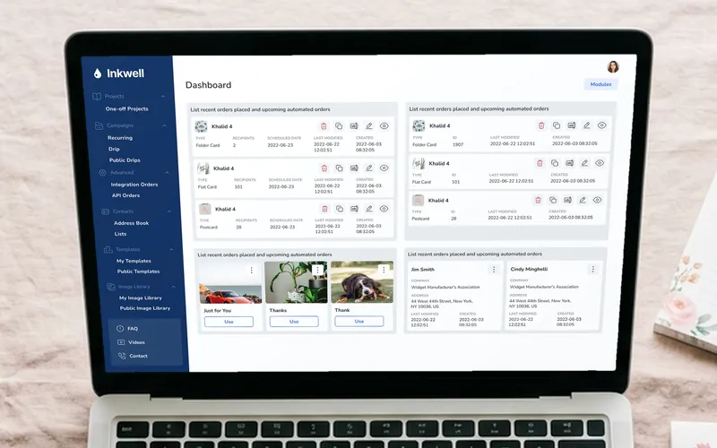 Inkwell campaign dashboard on a laptop surrounded by greeting cards